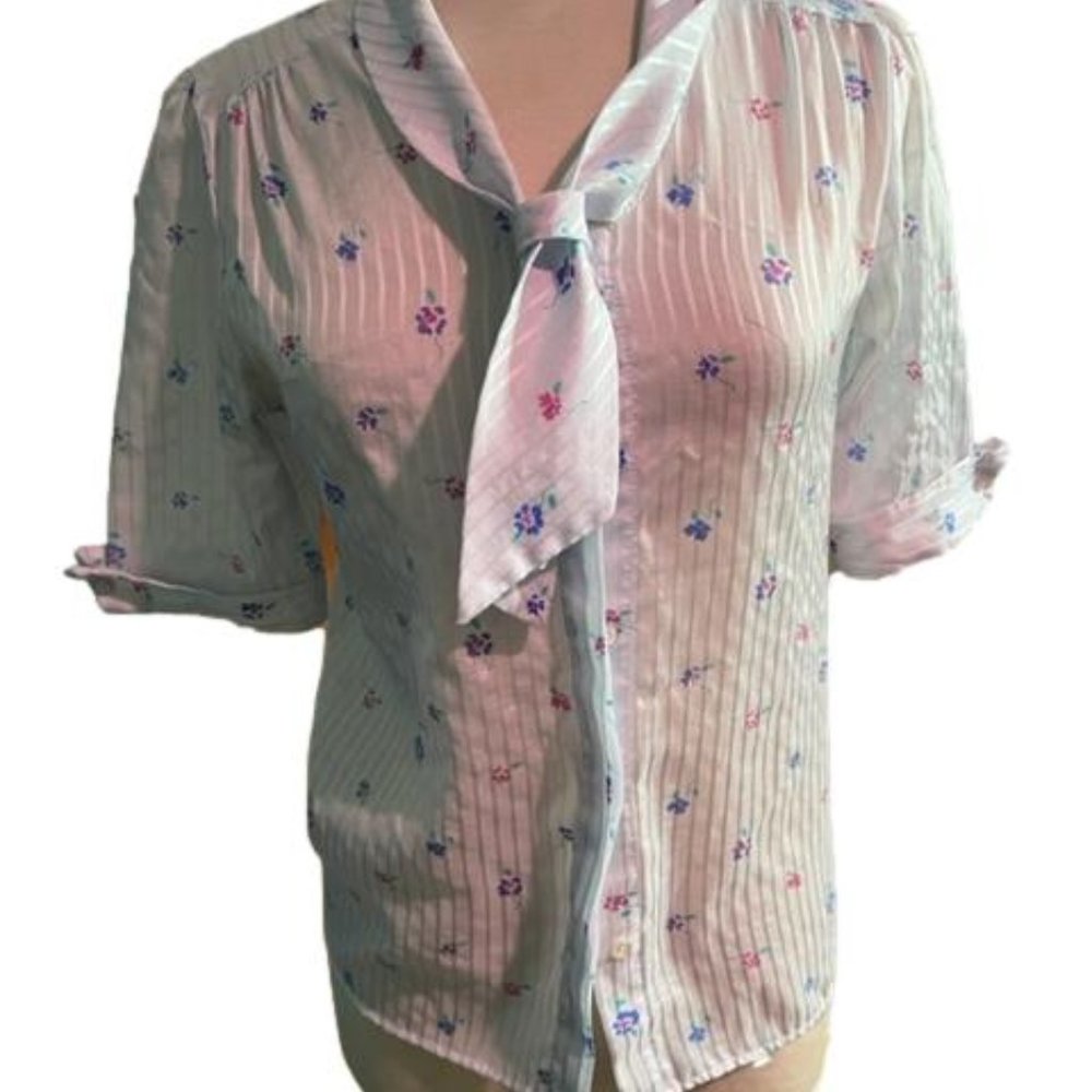 Vintage Western Tie Neck Blue Blouse Size 8